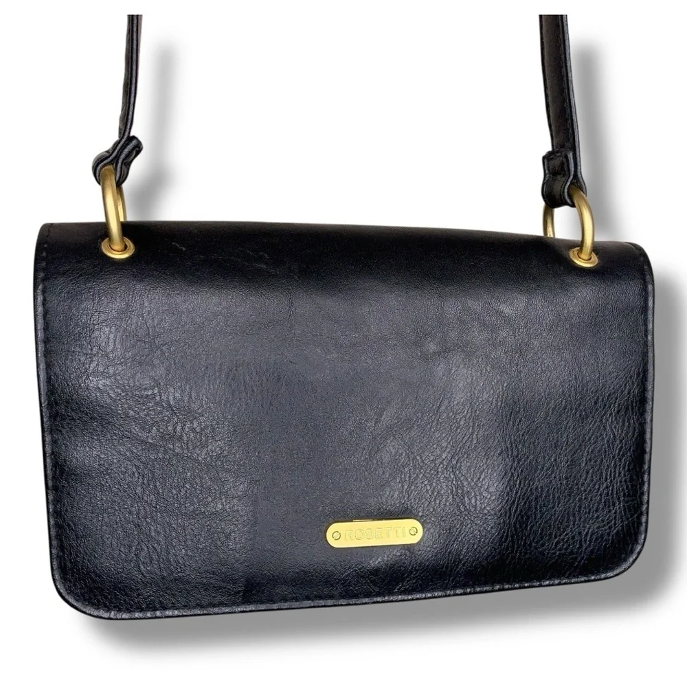 Rosetti Black Faux Leather Crossbody Purse Gold Hardware Travel Classic